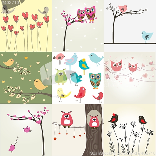 Image of Set of 9 valentines cards with cute birds couples