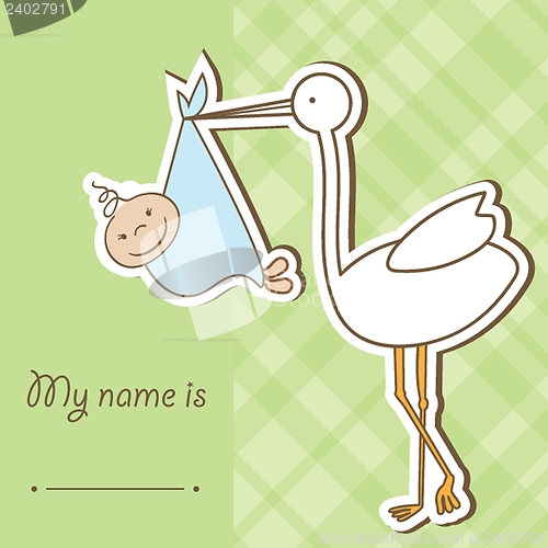 Image of Baby arrival card with stork that brings a cute boy