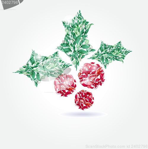 Image of Christmas background with holly berry leaves on dark green background