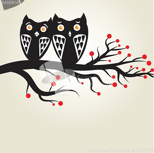 Image of Two cute owls on the tree branch