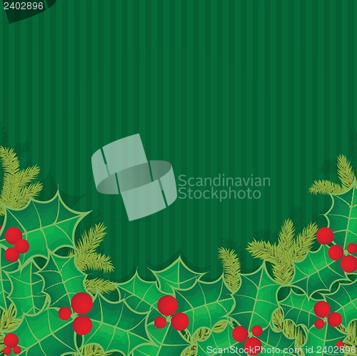 Image of Christmas background with holly berry leaves on dark green background