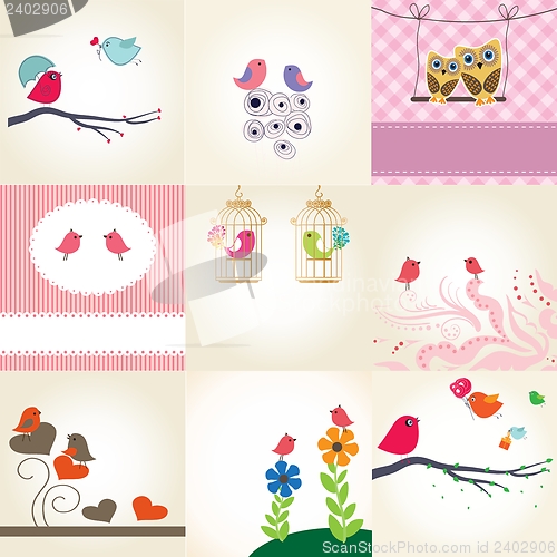 Image of Set of 9 valentines cards with cute birds couples