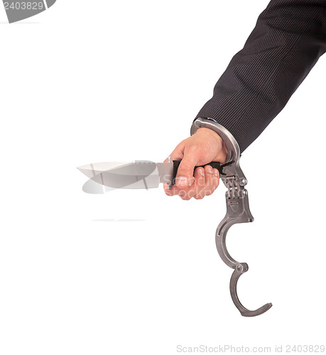 Image of Male with a sharp knife in it's hand with a handcuff