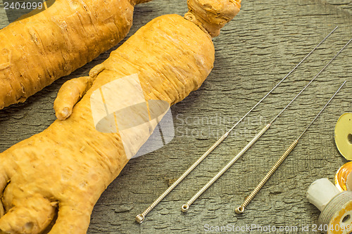 Image of acupuncture needles and ginseng root
