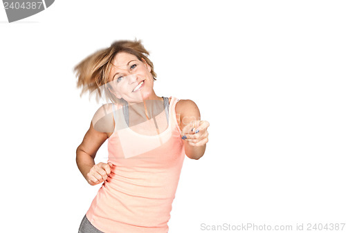 Image of Cute woman dancing on isolated white background