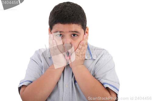 Image of Scared litle kid boy holding hands on face and screaming isolate