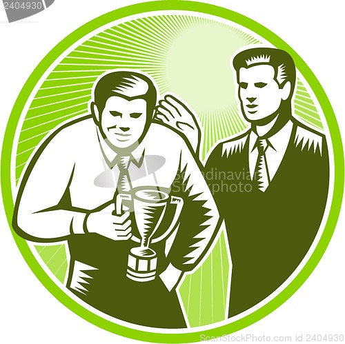 Image of Officer Worker Winning Trophy Woodcut