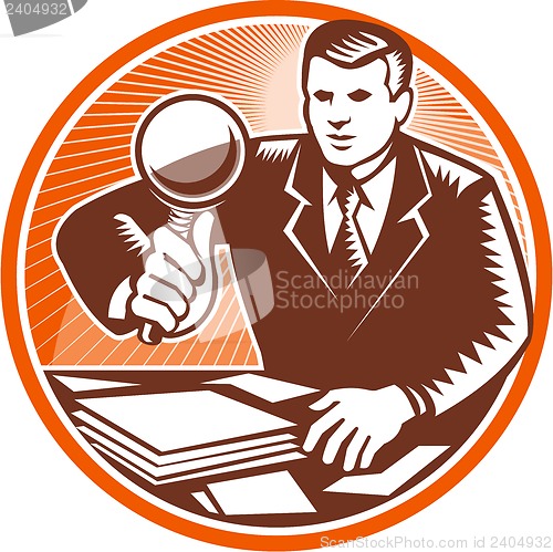 Image of Businessman Magnifying Glass Looking Documents