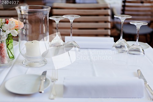 Image of table in restaurant tableware glass banquet summer