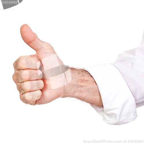 Image of businessman shows thumb up isolated 