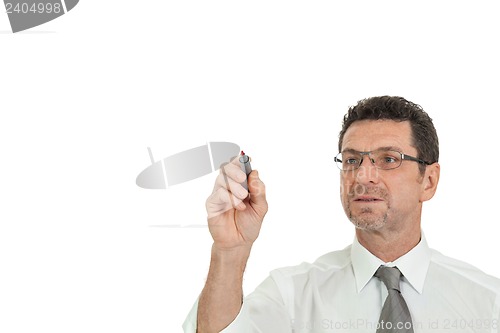 Image of smiling adult businessman write with red pen isolated copyspace