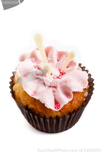 Image of sweet tasty homemade cupcake with strawberry cream isolated