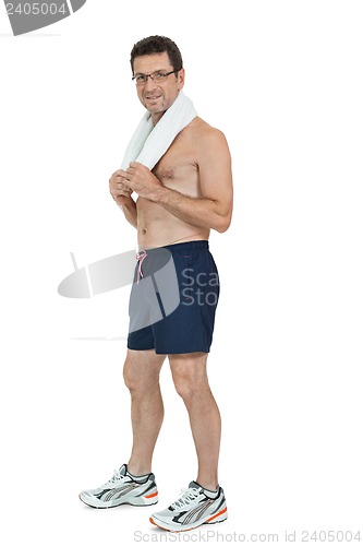 Image of smiling mature sporty man with towel fittness sport health isolated