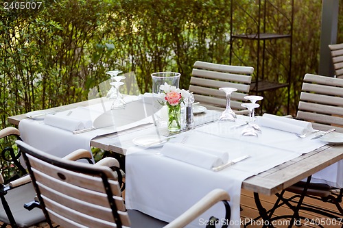 Image of table in restaurant tableware glass banquet summer