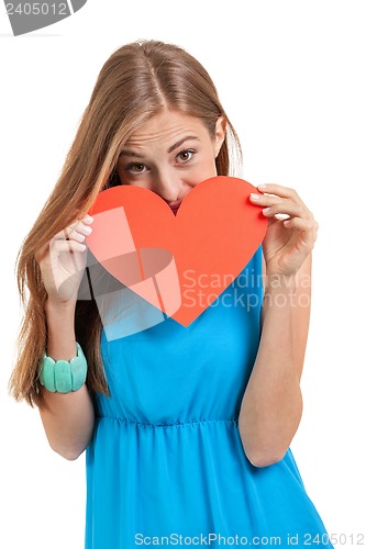 Image of smiling young woman and red heart love valentines day 