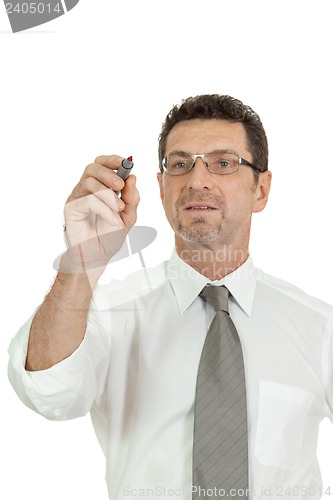 Image of smiling adult businessman write with red pen isolated copyspace