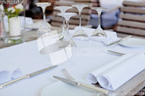 Image of table in restaurant tableware glass banquet summer