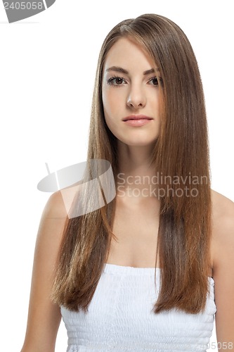 Image of beautiful bruntte woman with straight long hair isolated