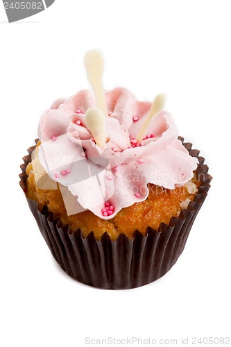 Image of sweet tasty homemade cupcake with strawberry cream isolated