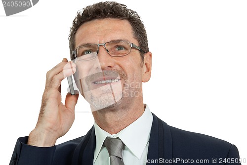 Image of adult businessman with smartphone mobilephone isolated