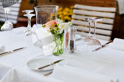 Image of table in restaurant tableware glass banquet summer