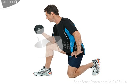 Image of adult attractive man with iron dumbbell isolated