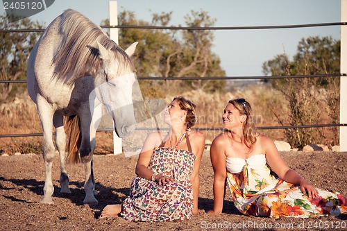 Image of two woman horse and dog outdoor in summer happy