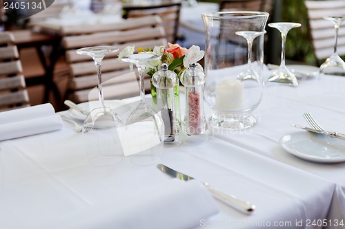 Image of table in restaurant tableware glass banquet summer