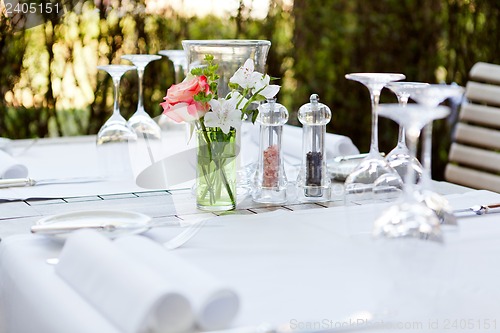 Image of table in restaurant tableware glass banquet summer