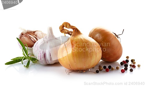 Image of onions and garlic on a white background