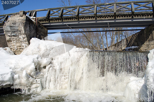 Image of wonderful river waterfall frozen ice water 