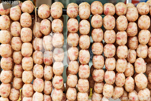Image of Fresh sausage on street market in thailand