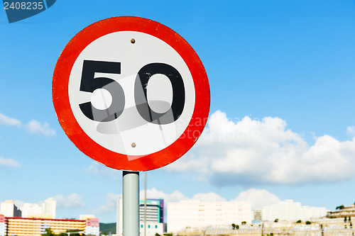 Image of Road sign 50 blue sky background