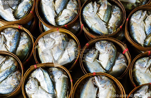 Image of Fish in barrels for sell at market in Bangkok