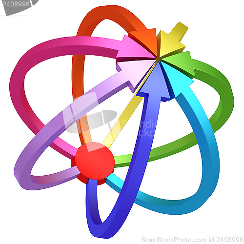 Image of Colorful arrows pointing from red center to one target on white