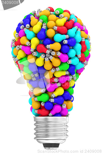 Image of Lightbulb shape composed of many colorful small lightbulbs isolated on white
