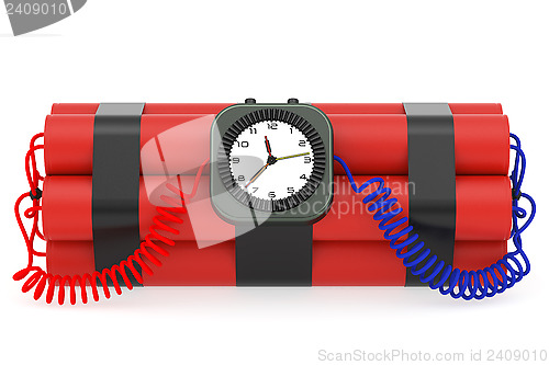 Image of Time bomb with dynamite and clock detonator on white