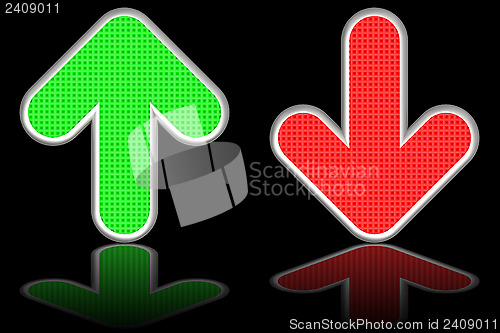 Image of Green up and red down arrows on glossy black background