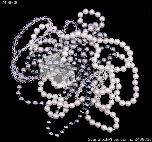 Image of White, black and grey pearls on the black silk 