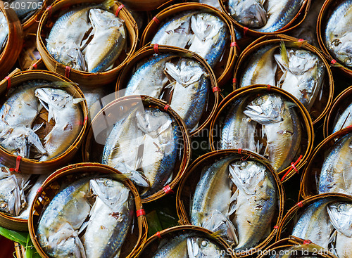Image of Fish in barrels for sell at market