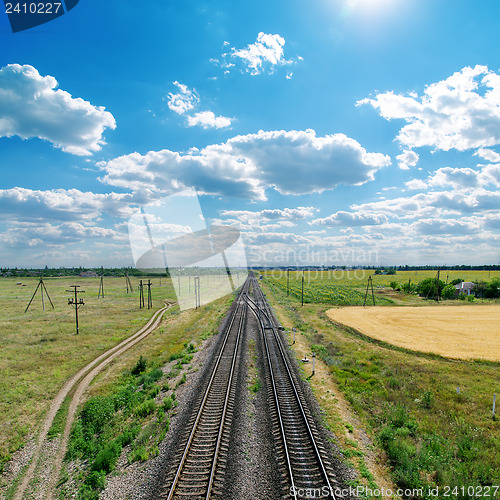 Image of cloudy sky with sun over railroad