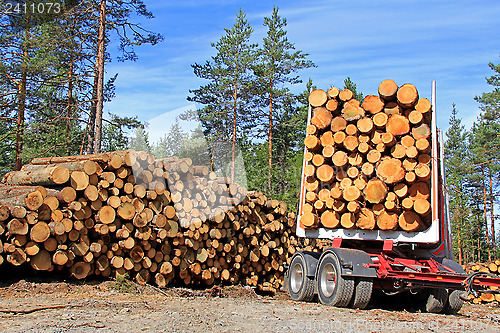 Image of Timber Trailer and Stack of Logs 