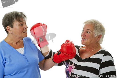 Image of Two female seniors with red boxing glove