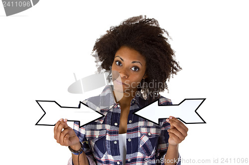 Image of Young african american holding blank arrows