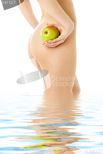 Image of naked woman with green apple in water