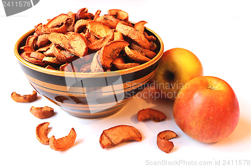 Image of dried and fresh apples in the plate and besides it