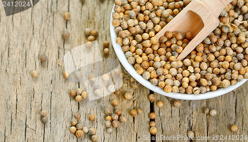 Image of Coriander seeds in small ceramic pot