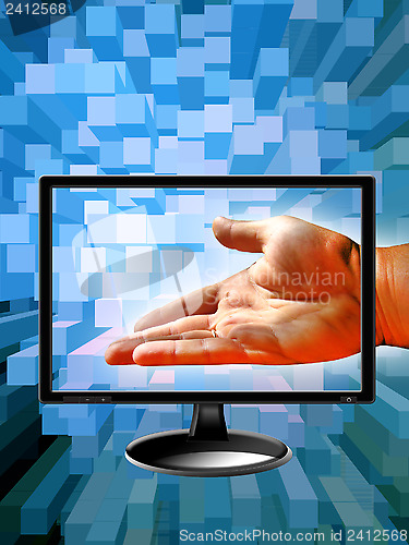 Image of Human hand with modern monitor