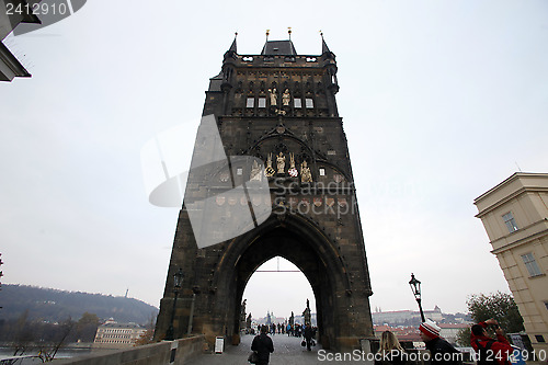 Image of Bridge tower at one end of Charles bridge on Vltava river in Prague,Czech Republic