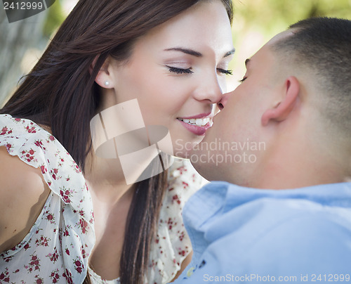 Image of Mixed Race Romantic Couple Kissing in the Park